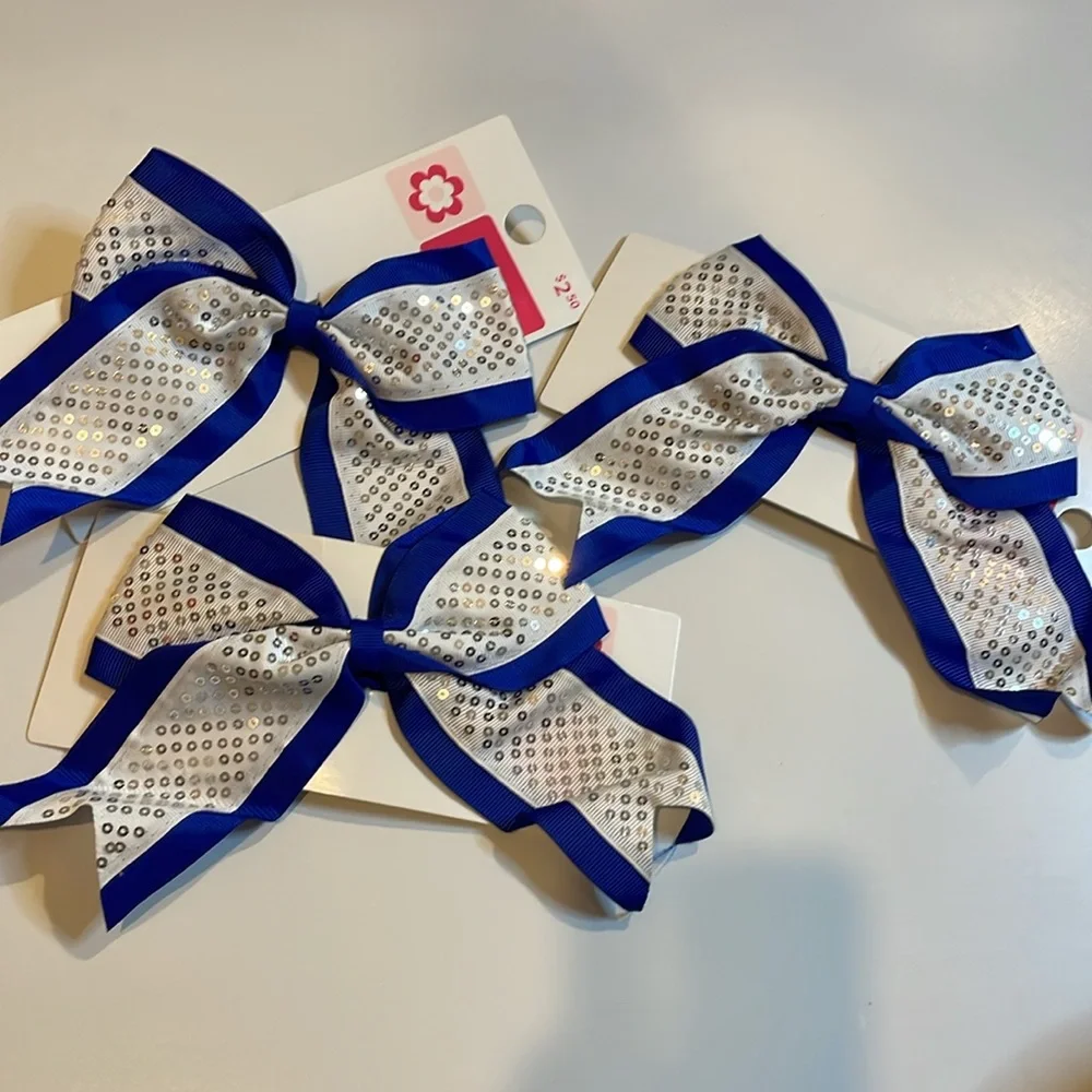 Girls Cheerleader elastic ponytail holder 3 pk Silver sequin Cobalt blue…